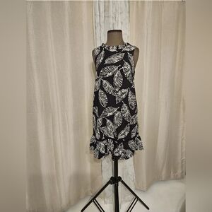 Joy Joy Black & White Leafy Lagenlook Tasseled Bottom Swing Dress Large